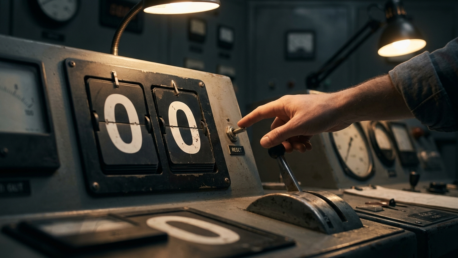 A mechanical scoreboard at zero as a hand reaches for its reset lever.
