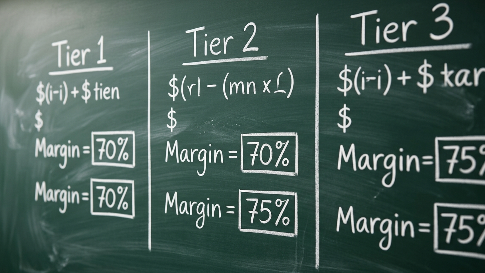 Chalkboard with three pricing tiers, margin targets, and fulfillment cost caps.